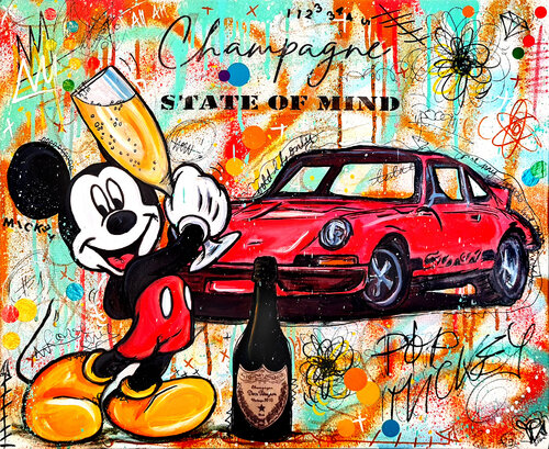 Pop Mickey Mouse Porsche & Champagne - Tableau Street Art Luxe Disney Dom Pérignon von Priscilla Vettese, Malerei kaufen auf Singulart