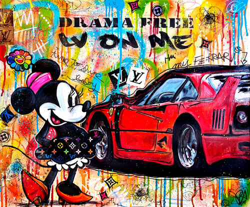 Pop Minnie Loubou LV Ferrari - Tableau Disney Street Art Luxe Louboutin Sur Toile de Priscilla Vettese, Pintura a la venta en Singulart