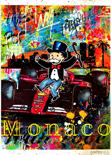 Mr Monopoly Formule 1 Monaco pop art Edition réhaussée unique graffiti von Priscilla Vettese, Digital kaufen auf Singulart