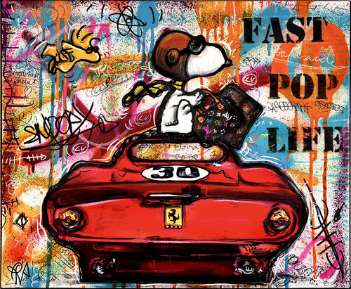 Snoopy Ferrari Vuitton Sur Toile Street Pop Art Unique von Priscilla Vettese, Malerei kaufen auf Singulart