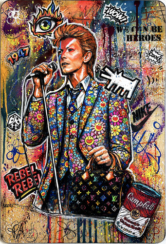 David Bowie Portrait Pop Art Coloré Contemporain Unique sur bambou di Priscilla Vettese, Pittura in vendita su Singulart