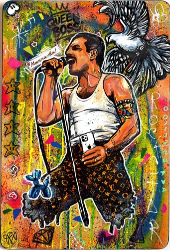 Freddie Mercury pop art Coloré Oeuvre Unique sur bambou by Priscilla Vettese, Painting for Sale on Singulart