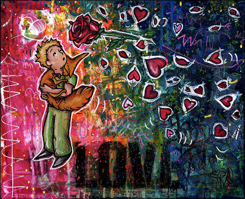 Love Wins 2 - Tableau Pop Art Graffiti Coloré Petit Prince Amour Rose Fleurs Unique von Priscilla Vettese, Malerei kaufen auf Singulart