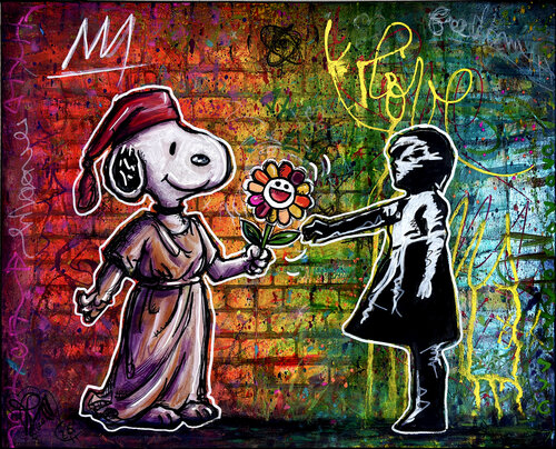 Love Wins 4 - Tableau Pop Art Snoopy Liberté Marianne Banksy Petit Fille Original von Priscilla Vettese, Malerei kaufen auf Singulart