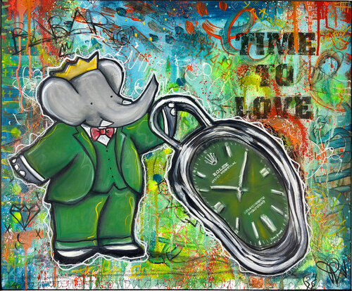 Tableau Pop Street Art Babar Montre Molle Dali Rolex Unique par Priscilla Vettese, Peinture en vente sur Singulart
