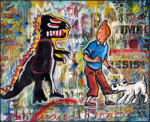 Tableau Pop Art Urban Dinosaure Basquiat Tintin Milou de Priscilla Vettese, Pintura a la venta en Singulart