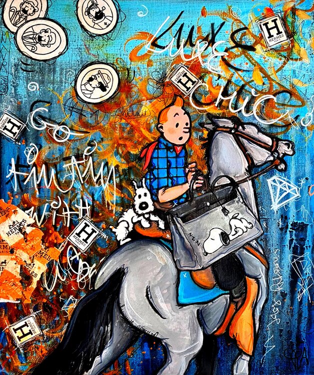 Pop Tintin Milou Snoopy X Hermes Tableau Pop Street Art Sur Lin Original Priscilla Vettese