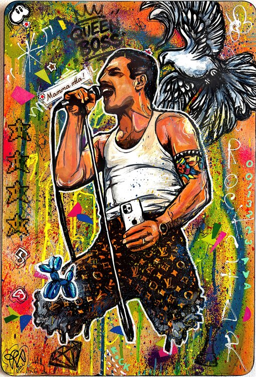 Freddie Mercury pop art Coloré Oeuvre Unique sur bambou Priscilla Vettese