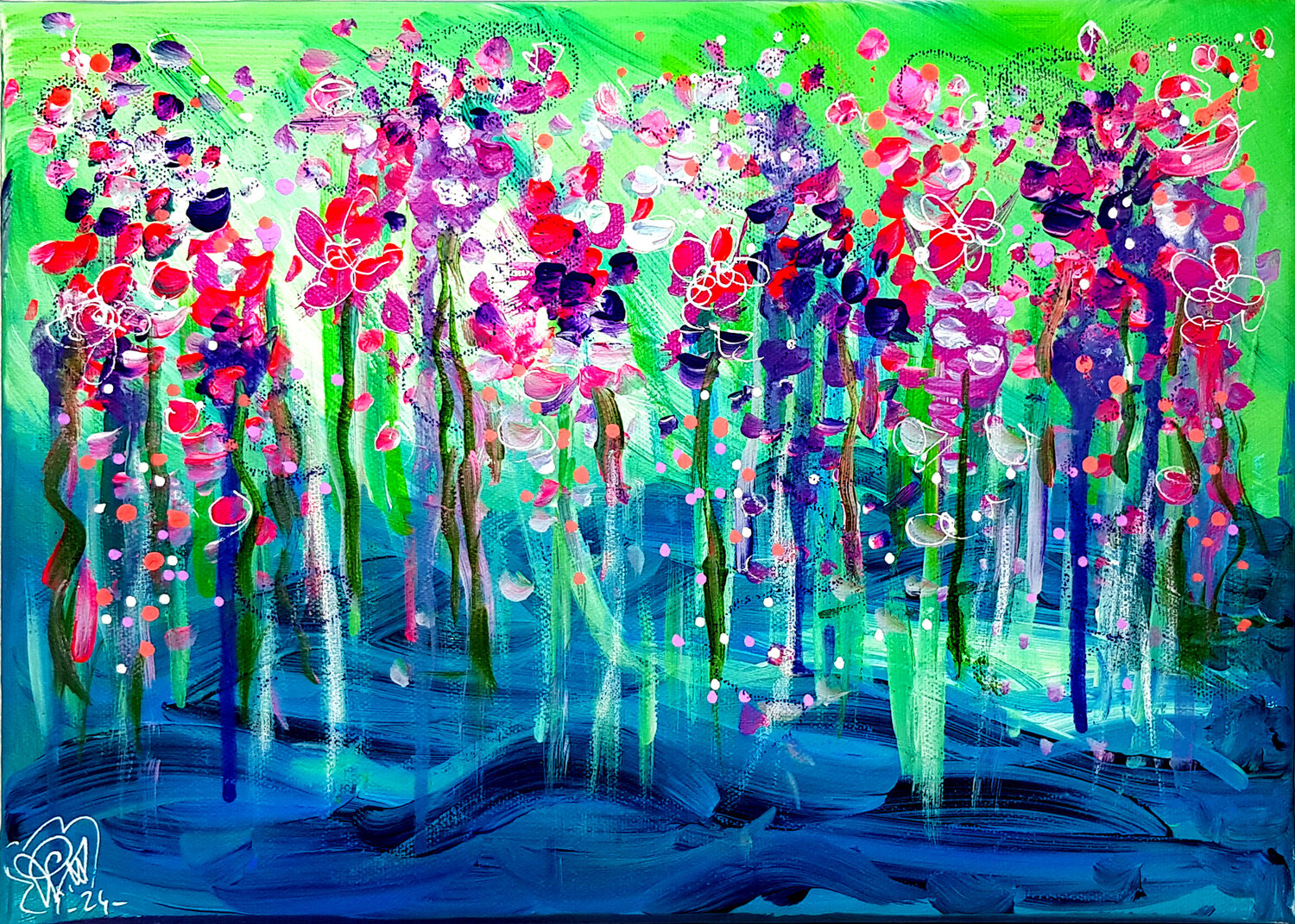 Deep Blue Green Flowers - Peinture Abstraite Florale Priscilla Vettese Originalgemälde zu verkaufen