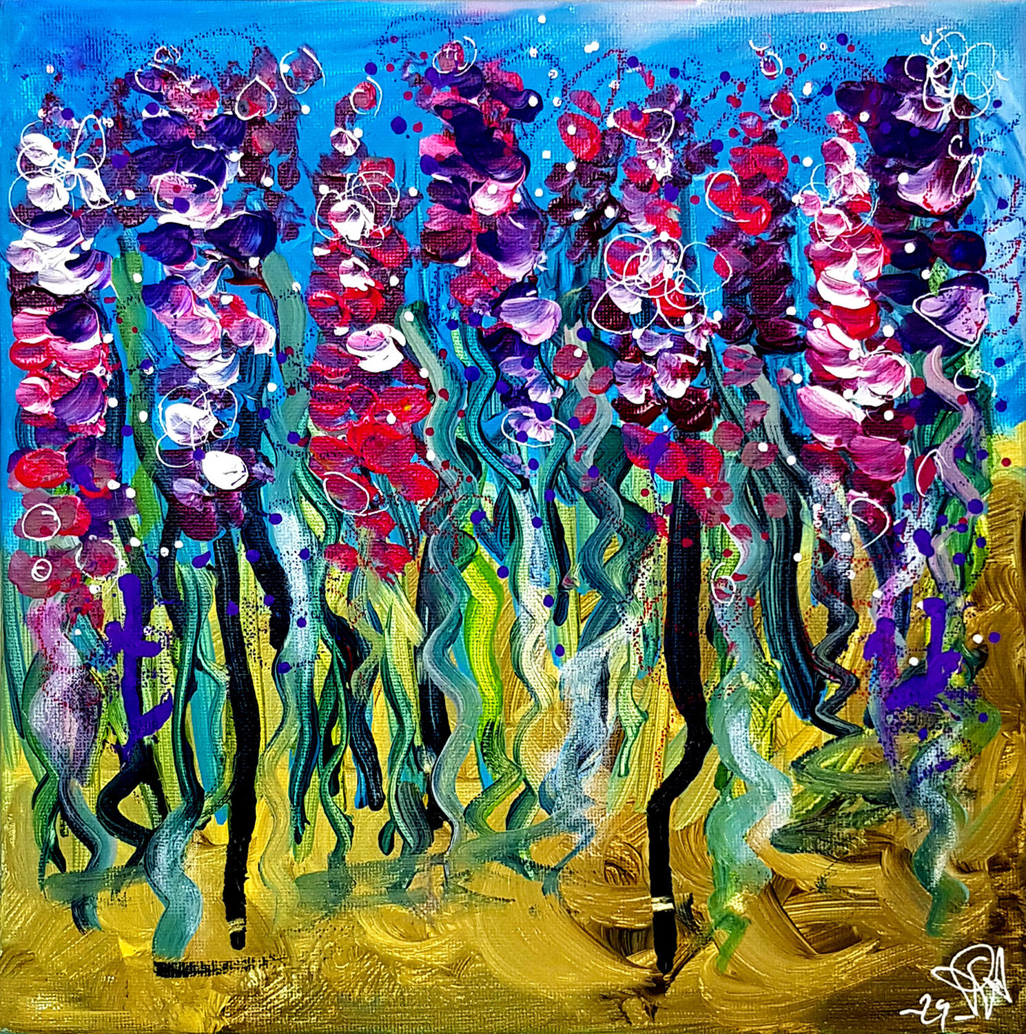 Deep Mauve Flowers - Tableau Abstrait Fleurs Violet Priscilla Vettese