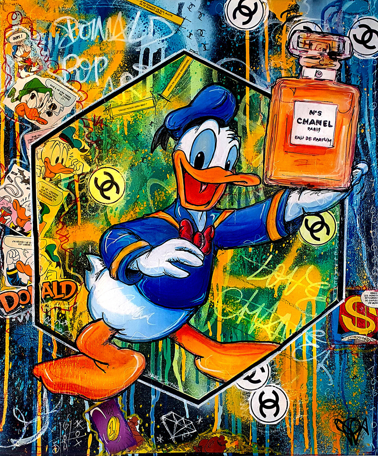 Oeuvre Pop Art Graffiti Donald Duck Chanel Unique Sur Lin Priscilla Vettese Originalgemälde zu verkaufen