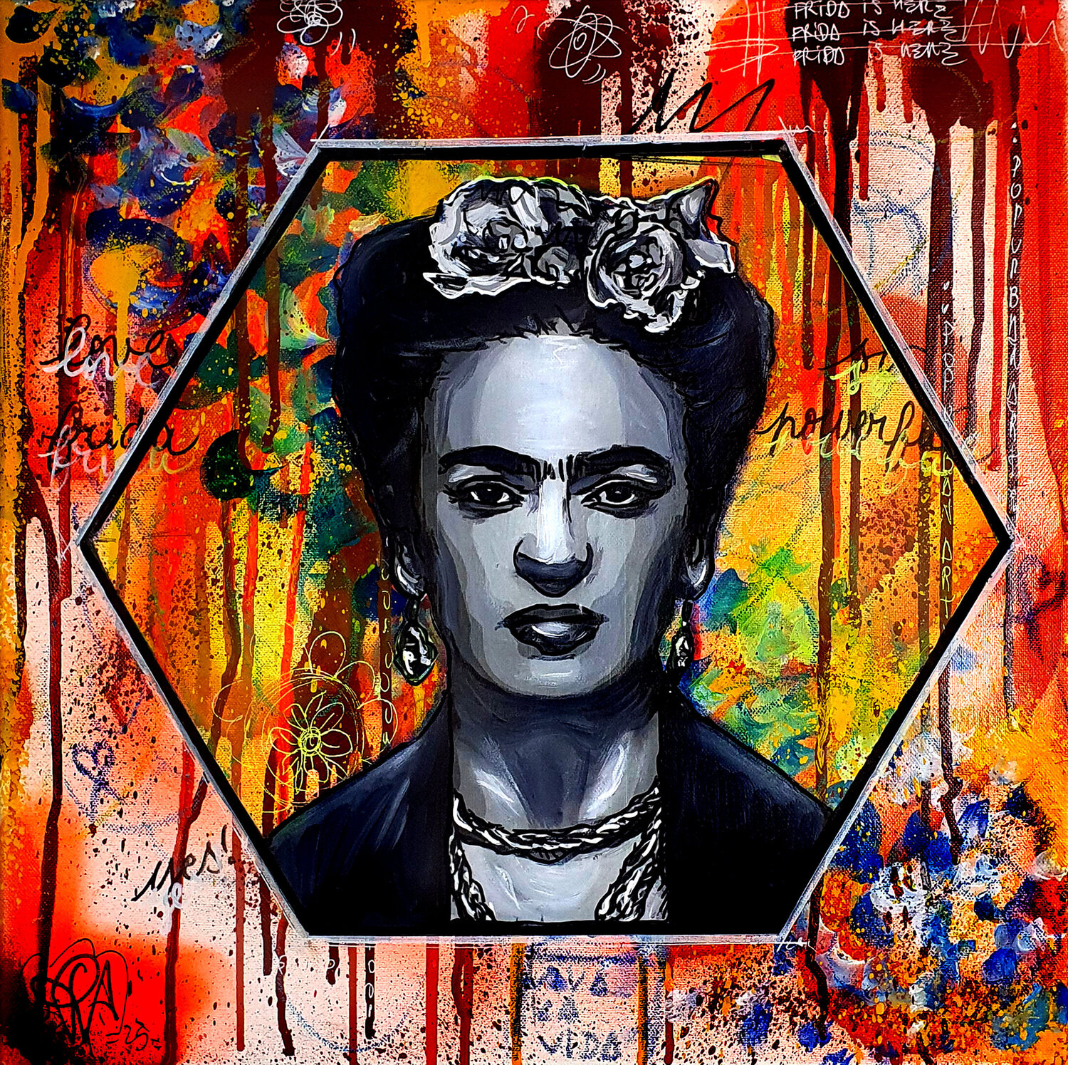 Tableau Frida Kahlo Street Art Fleurs Graffiti Original Sur Toile Priscilla Vettese Originalgemälde zu verkaufen