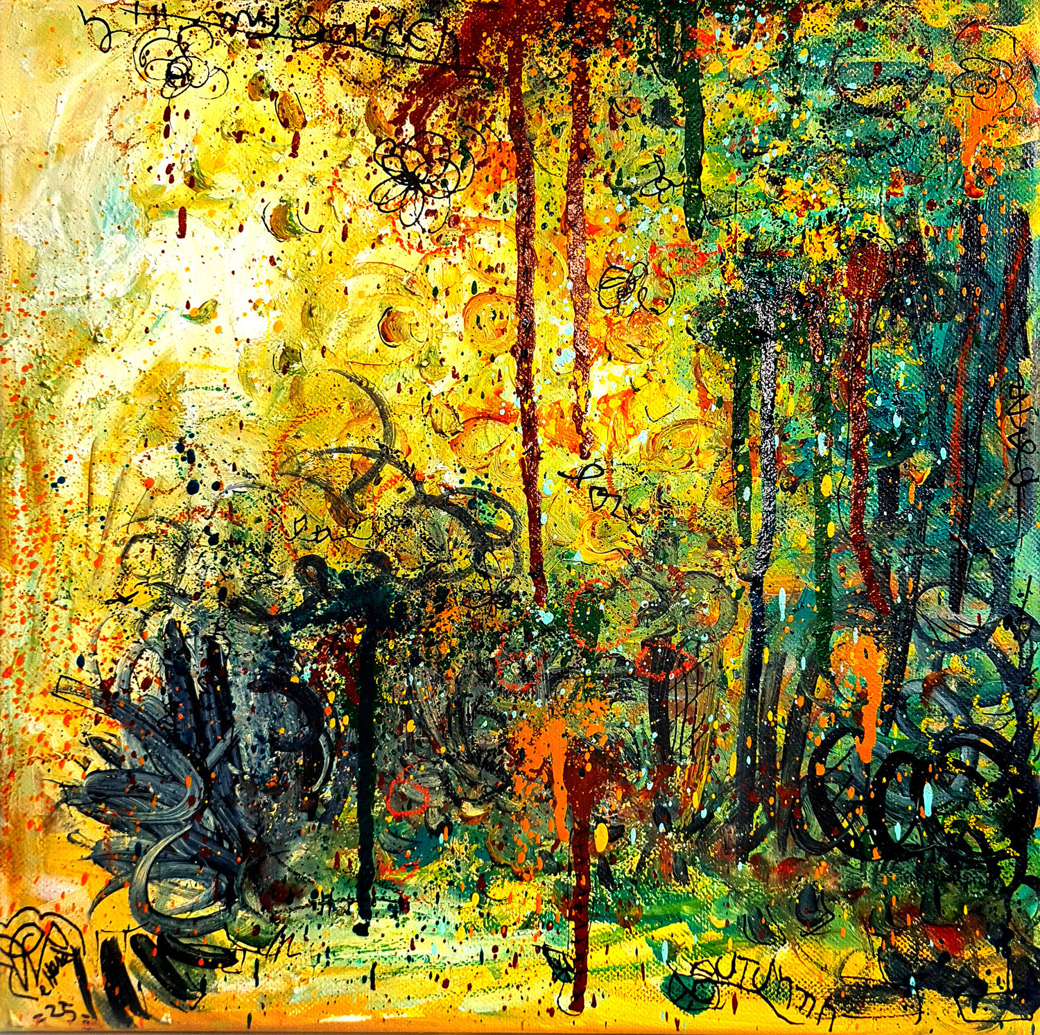 Jardin d'Octobre - Tableau abstrait beigevert jaune originale sur toile Priscilla Vettese Originalgemälde zu verkaufen