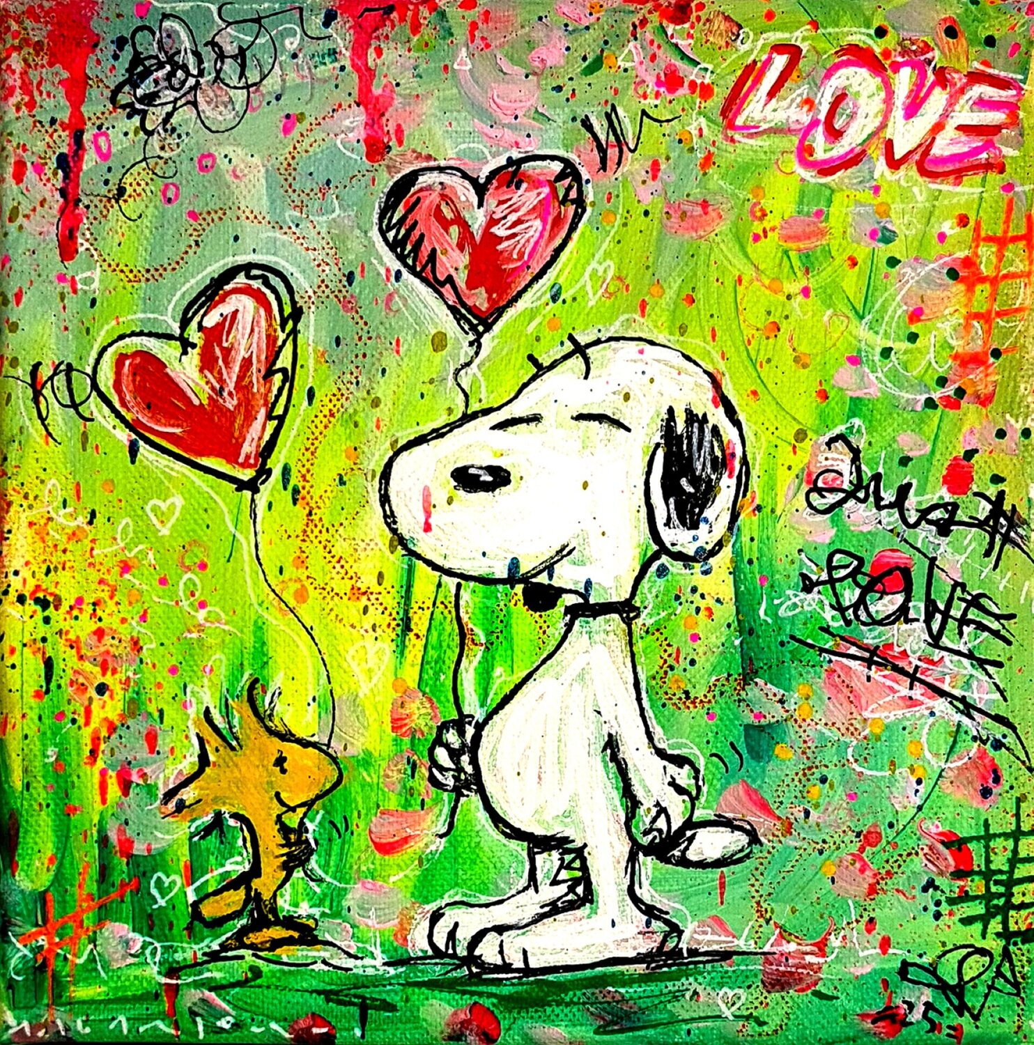 Together Forever Snoopy Woodstock - Tableau Pop Art Unique Priscilla Vettese Originalgemälde zu verkaufen
