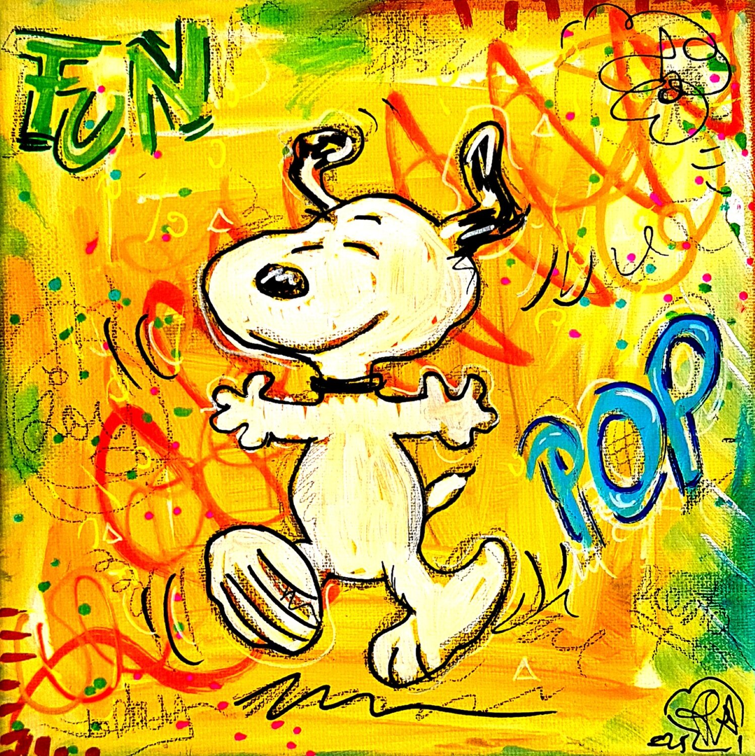 Snoopy is Happy - Tableau Snoopy Joyeux Pop Art Priscilla Vettese Originalgemälde zu verkaufen