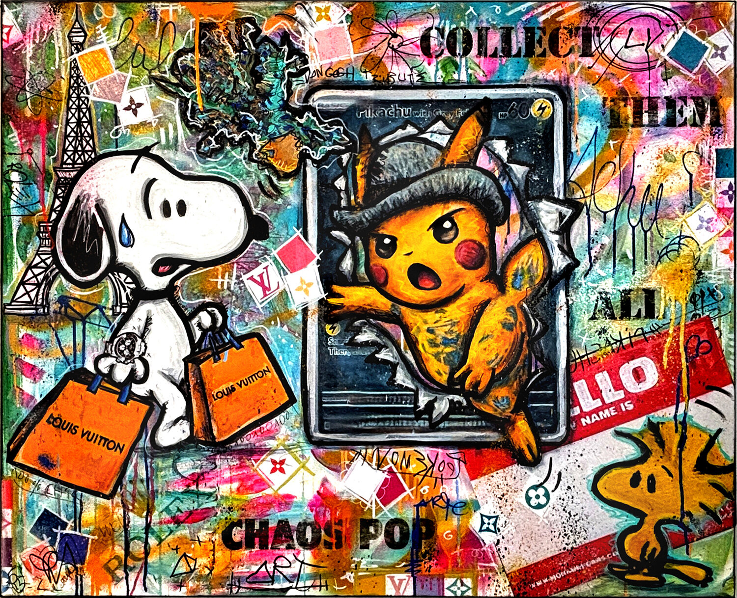 Tableau Pikachu Snoopy Rolex Vuitton Pop Art Graffiti Coloré Priscilla Vettese Originalgemälde zu verkaufen