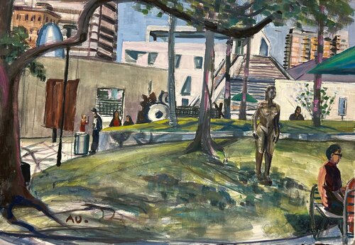 MFAH Sculpture Garden. Gassell view par Arthur Deatly, Peinture en vente sur Singulart