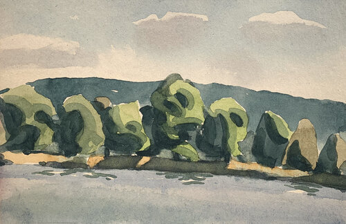 A line of trees by the lake par Yuliia Kaduk, Peinture en vente sur Singulart