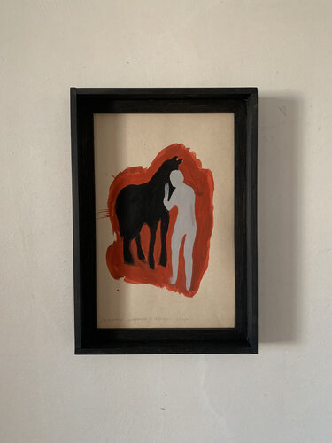 The unity of a human and a black horse de Yuliia Kaduk, Pintura a la venta en Singulart
