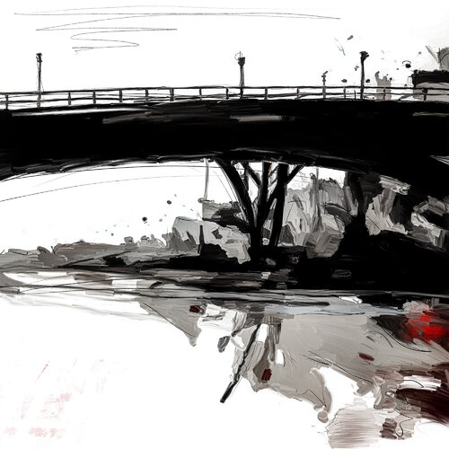 Wasserspiegelung mit Brücke di Holger Mühlbauer-Gardemin, Pittura in vendita su Singulart