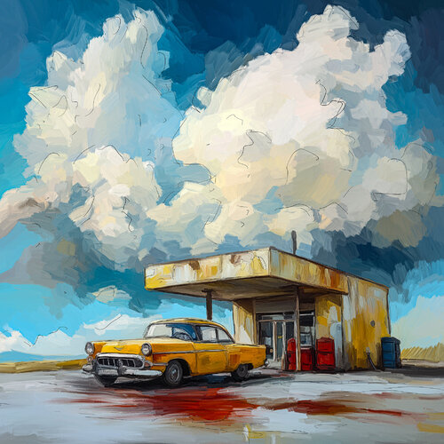 Yellow Cab an der Tankstelle in Nevada by Holger Mühlbauer-Gardemin, 회화 for Sale on Singulart