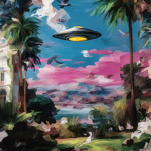 UFO mit Palmen und Villa de Holger Mühlbauer-Gardemin, Pintura a la venta en Singulart