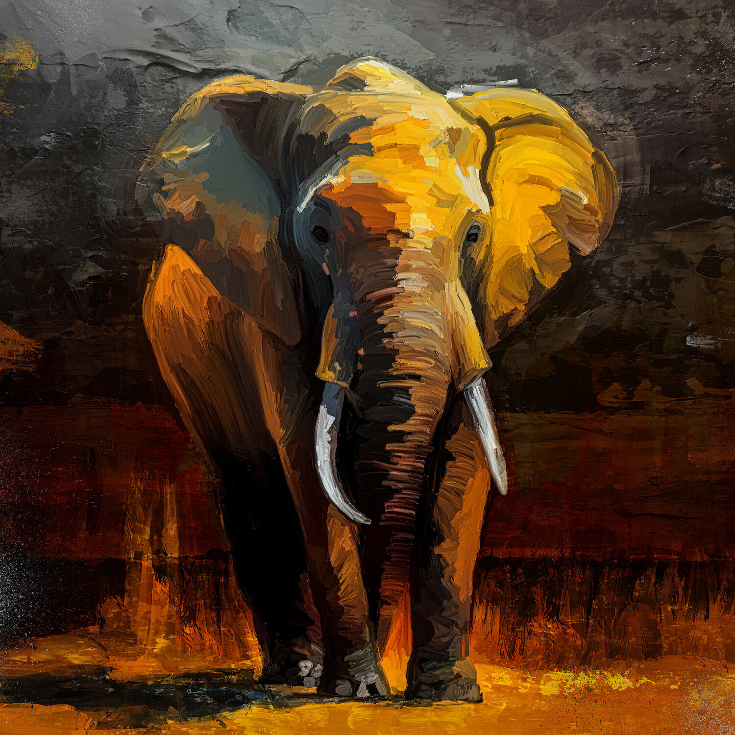 Afrikanischer Elefant - Holger Mühlbauer-Gardemin - Acrylique, Lithographie  sur Toile, image size:1500x1500