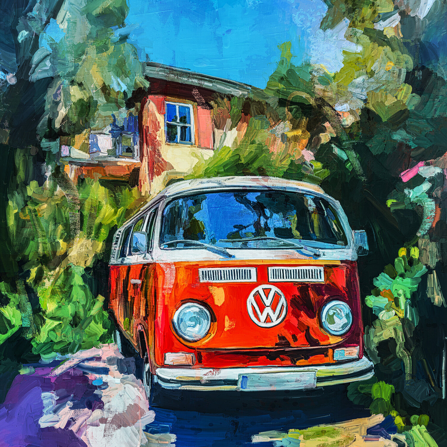 In den Urlaub mit dem VW Bulli Holger Mühlbauer-Gardemin Originalgemälde zu verkaufen