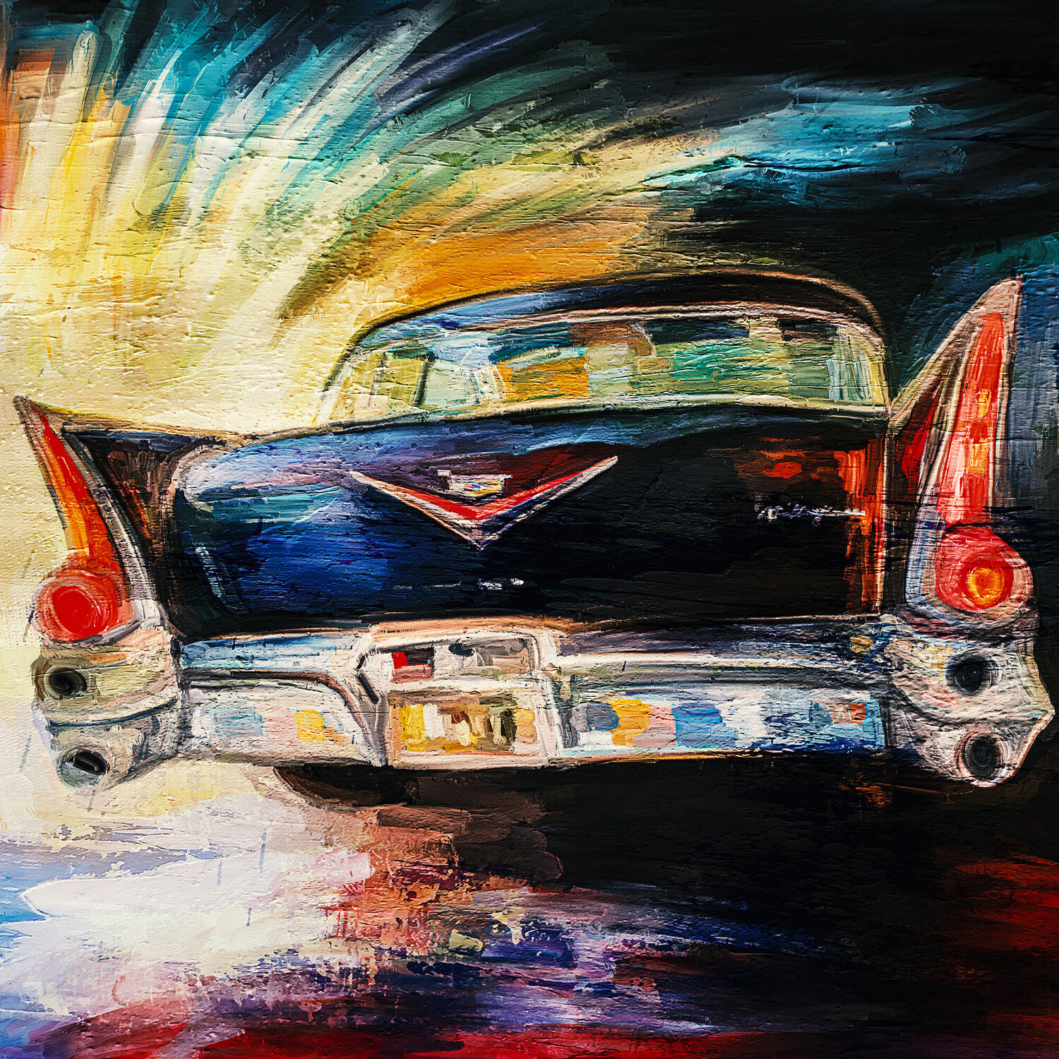 Cadillac Heckflosse II Holger Mühlbauer-Gardemin Originalgemälde zu verkaufen
