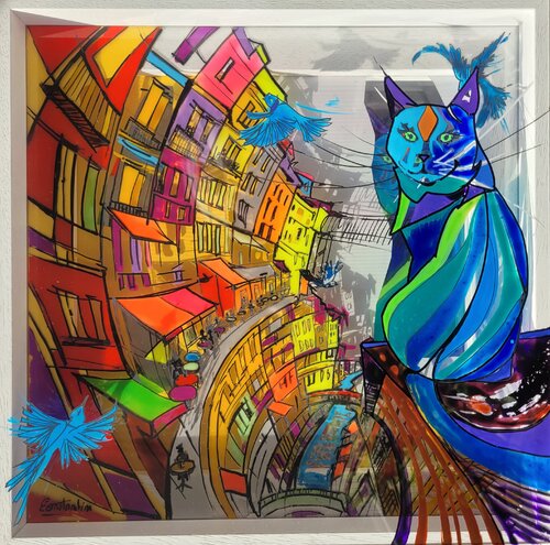 Le chat dans la ville di Elisabeth Constantin, Pittura in vendita su Singulart
