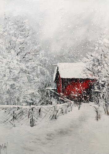 "The Red House in winter " by Mishel Alekyan, Painting for Sale on Singulart
