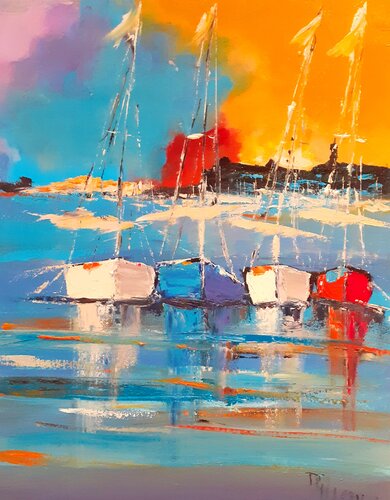 Coucher de soleil sur Menton ( côte d'azur) van daniel giacchi, Schilderij te koop op Singulart
