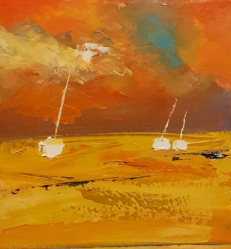 Coucher de soleil sur des petits bateaux blancs van daniel giacchi, Schilderij te koop op Singulart