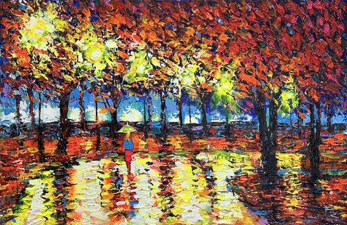 Golden Reflections in the Rain by Mykola Zorin, Painting for Sale on Singulart