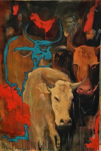 Kann EMMA nicht schneller ? Kühe von Vreni Knott, Malerei kaufen auf Singulart