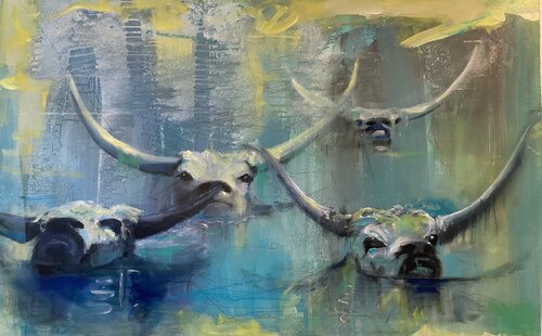 Stiere im Wasser, Energie und Balance , Stärke und Gelassenheit van Vreni Knott, Schilderij te koop op Singulart