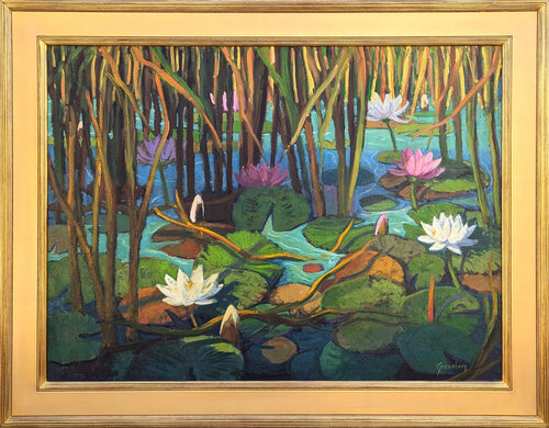 "Water Lily World" Contemporary Realistic Texas Nature Landscape Painting di Gerald B. Greenberg, Pittura in vendita su Singulart