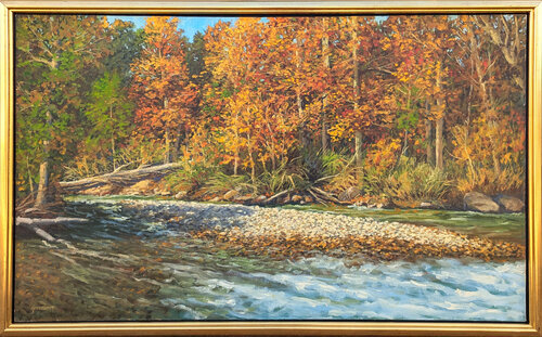 "Arkansas River Ozarks" Contemporary Realistic Forested Landscape Painting di Gerald B. Greenberg, Pittura in vendita su Singulart