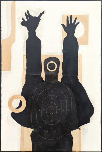 "Drop It..." Contemporary Neutral Toned Social Commentary Collage Painting von Ken Luce, Malerei kaufen auf Singulart