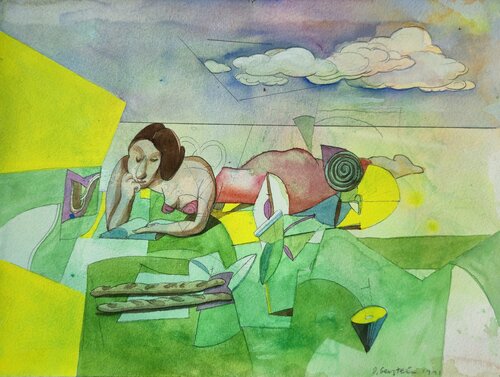 David Gerstein - Original watercolor on paper - "Reading" par Art Time Gallery, Œuvre sur papier en vente sur Singulart