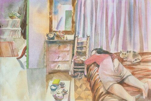 David Gerstein - Original watercolor on paper - "Sleeping" par Art Time Gallery, Œuvre sur papier en vente sur Singulart