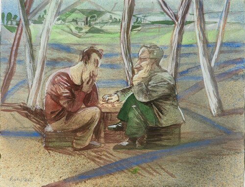 David Gerstein - Original watercolor on paper - "The Game" par Art Time Gallery, Œuvre sur papier en vente sur Singulart