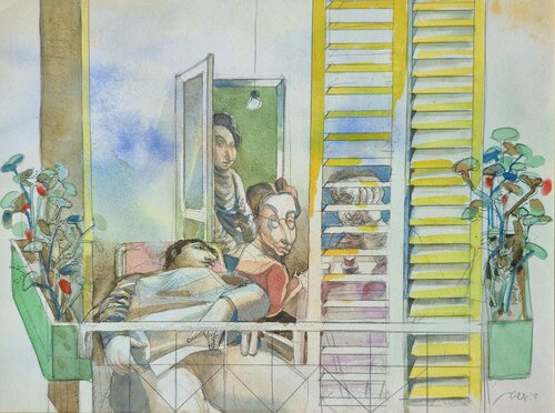 David Gerstein - Original watercolor on paper - "The Neighbors" par Art Time Gallery, Œuvre sur papier en vente sur Singulart