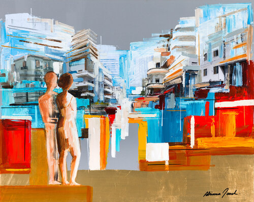 Adriana Naveh -  Young Couple in TLV -  Original Acrylic on Canvas par Art Time Gallery, Peinture en vente sur Singulart