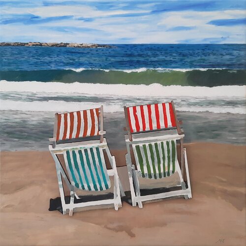 Arie Azene 3D Beach Chairs (#1627) Original 3D Mixed Media Canvas par Art Time Gallery, Peinture en vente sur Singulart