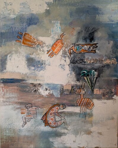 I and the llama pray for the bird van Nancy Barasch, Schilderij te koop op Singulart