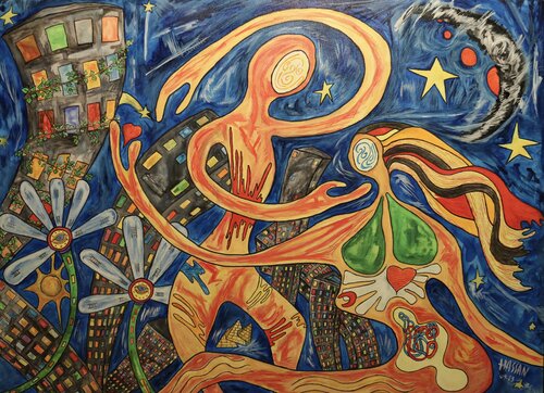 couple au milieu des tours di Hassan Zanoune, Pittura in vendita su Singulart