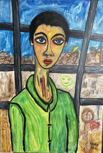 L'homme à la veste verte par Hassan Zanoune, Peinture en vente sur Singulart