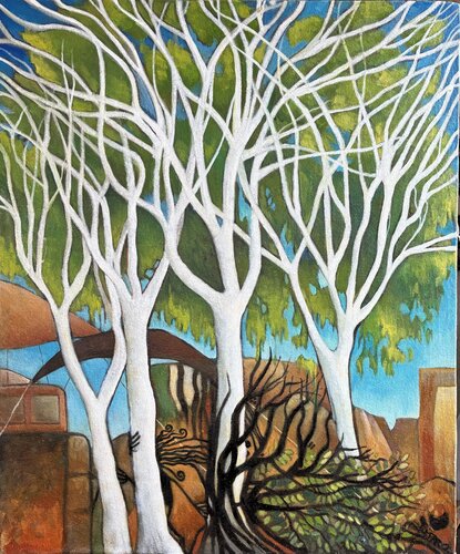 Ghost Gum Trees at Uluru di Rebecca Merry, Pittura in vendita su Singulart