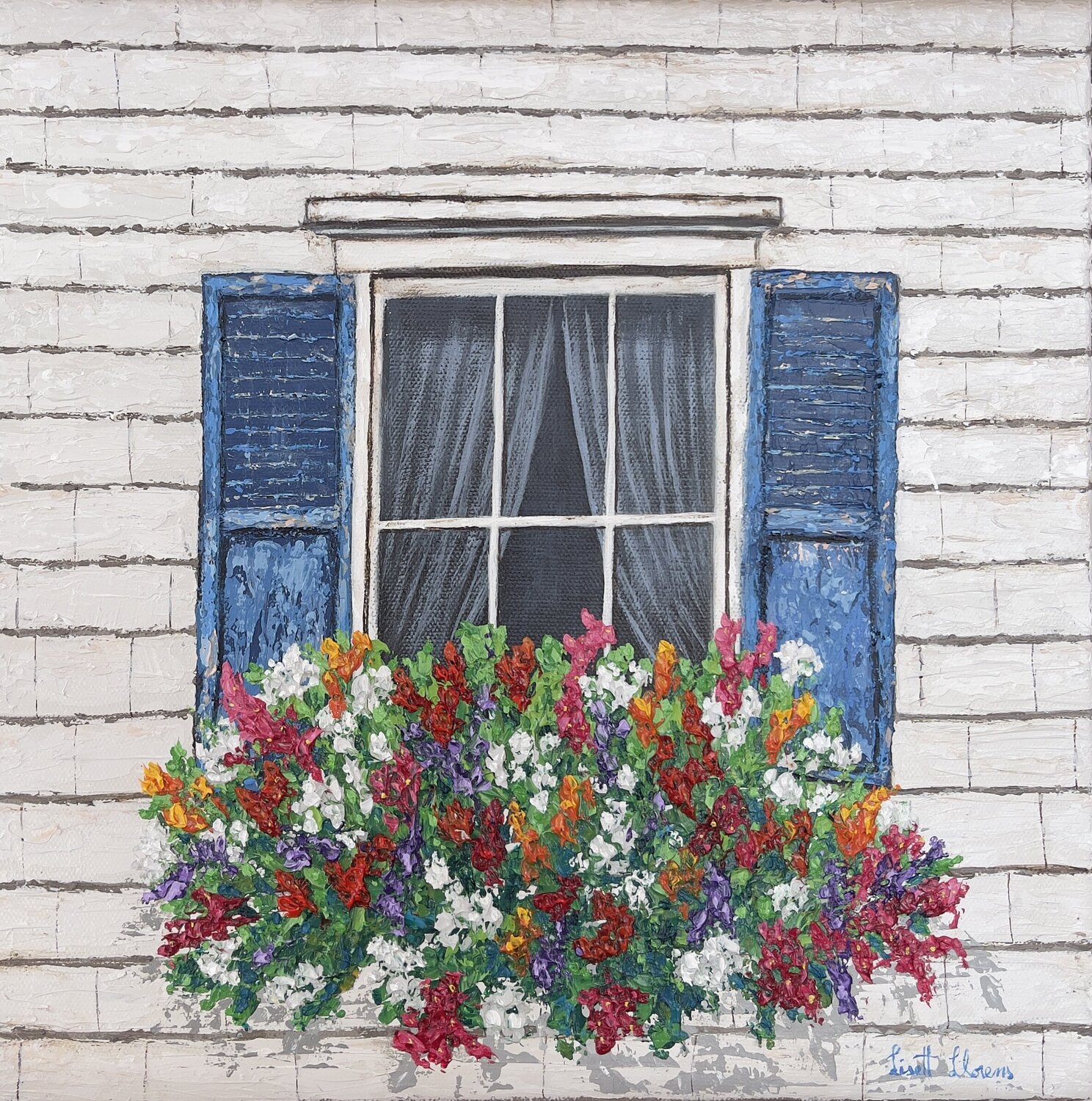 Blue Window with Flowers Lisett Llorens